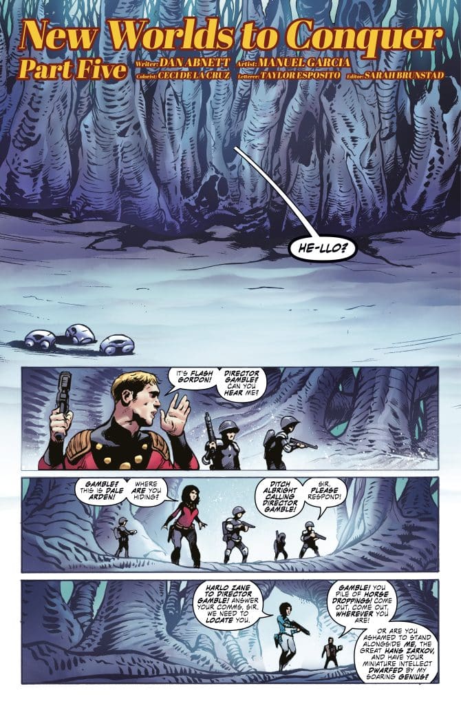 Comic panel depicting characters in a sci-fi setting, with a character named Flash Gordon calling out for Director Gamble, who appears to be missing. Other characters are gathered around, looking concerned.