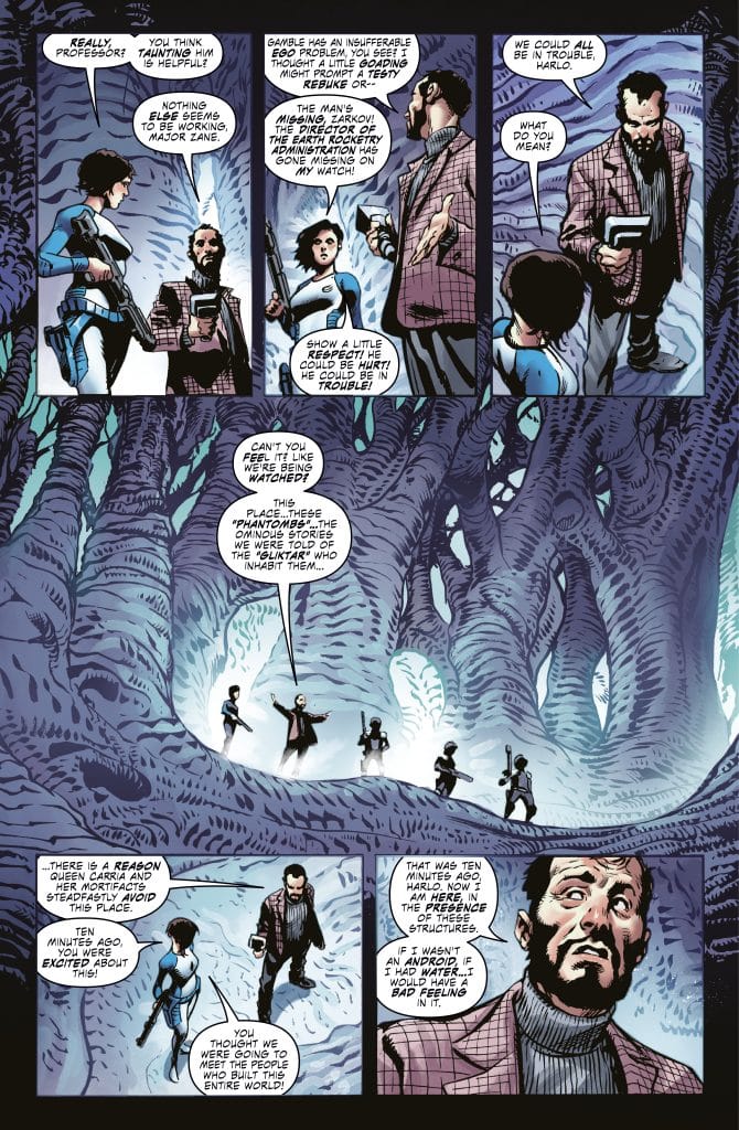 A comic book panel featuring a group of characters engaging in a conversation in a cave-like setting. They discuss concerns about a missing person and express feelings of being watched. The environment is depicted with unusual organic structures, creating a mysterious atmosphere.