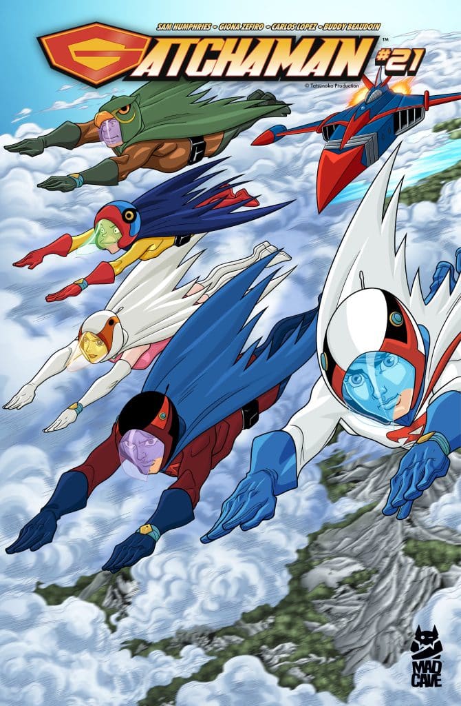 A colorful comic cover featuring six characters from Gatchaman, flying through clouds in dynamic poses, with an aircraft in the background.