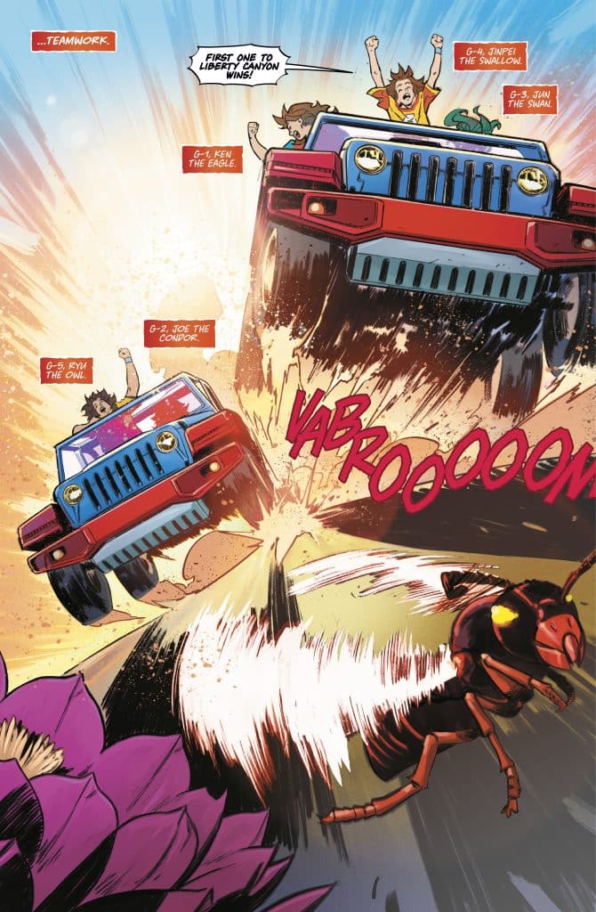 Two vehicles, a blue and red Jeep, are racing off a ramp, kicking up dust and debris, with an emphasis on speed and excitement. In the foreground, a large insect is involved in the action, while colorful flowers are visible in the scene. Text elements highlight teamwork and competition among characters.