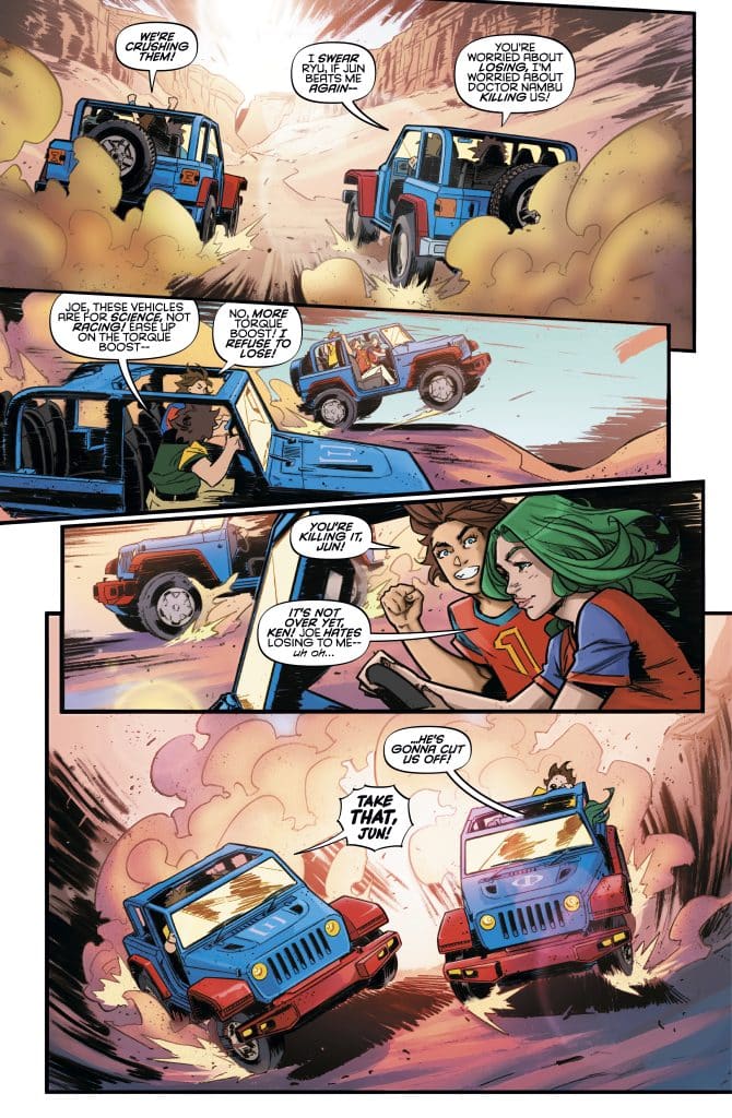 A dynamic comic scene featuring two blue jeeps racing through a dusty landscape. Characters inside the vehicles show excitement and determination as they engage in a competitive race, with dust clouds billowing around them.