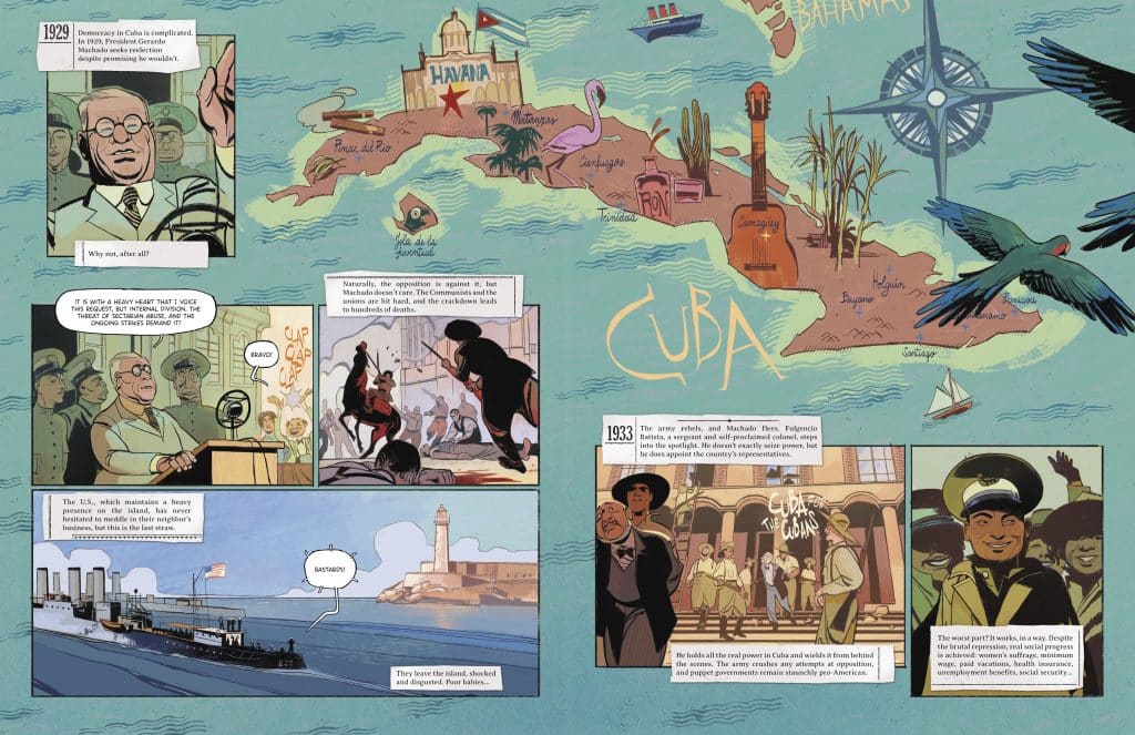 An illustrated map of Cuba, showing landmarks and historical events from 1929 and 1933. Various speech bubbles and captions detail significant moments in Cuban history, featuring images of political figures, protests, and naval vessels.