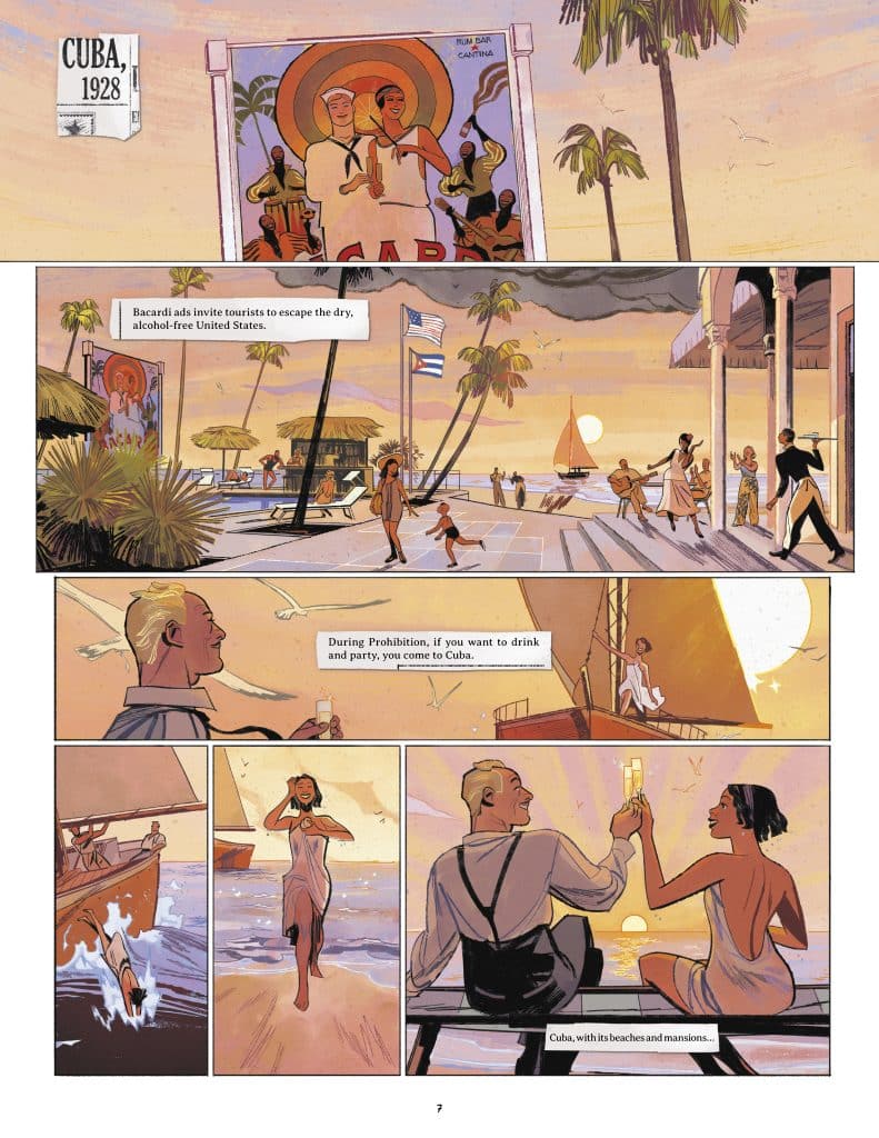 A vintage illustration showcasing Cuba in 1928, depicting tourists enjoying the beach, tropical scenery, and nightlife, with a focus on Bacardi advertisements promoting the country as a getaway during Prohibition.