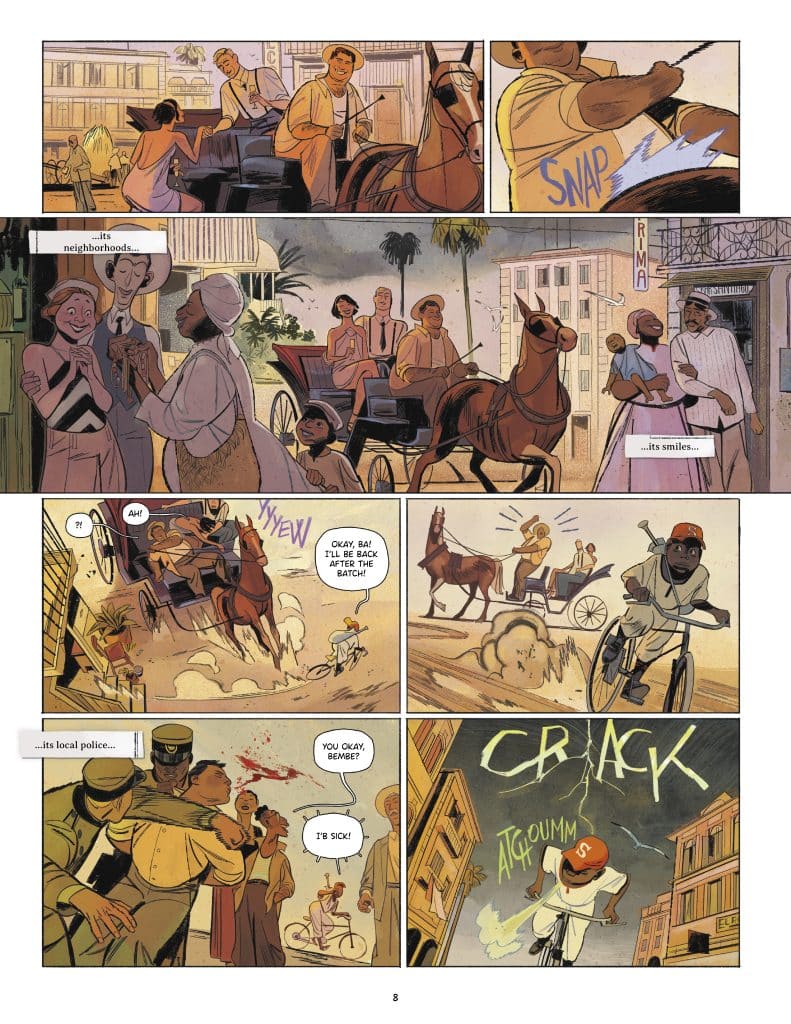 A comic-style illustration depicting a vibrant neighborhood scene with people on horse-drawn carriages, cyclists, and pedestrians engaging with one another.