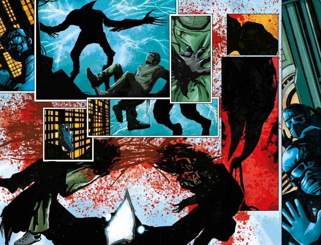 A dynamic comic book illustration featuring a shadowy figure with outstretched arms surrounded by blue lightning, alongside scenes of violent action and splattered blood, showcasing various characters in different poses and conflicts.