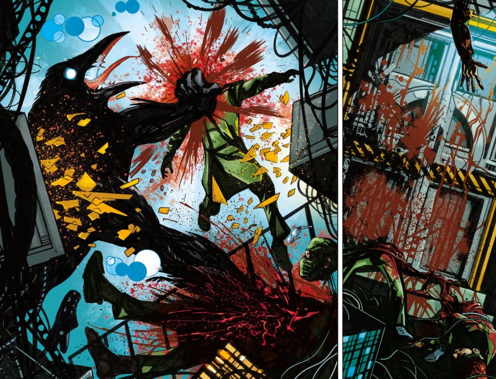 A dark, shadowy creature attacking a figure in a green coat, with blood splattering amidst broken glass and cables in a dynamic comic book style scene.