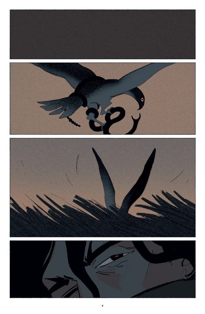 A black bird soaring in the sky, clutching a snake in its talons.