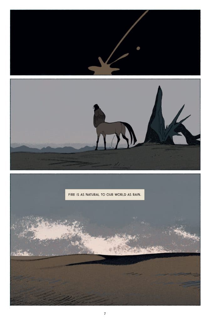 An artistic comic panel featuring a silhouette of a horse in a desolate landscape with mountains in the background. The panel contains a textual quote that reads, 'FIRE IS AS NATURAL TO OUR WORLD AS RAIN.'