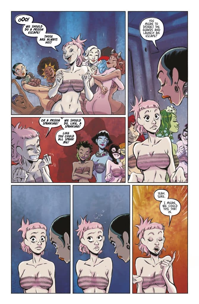 A comic page depicting a group of cartoon women discussing a playful idea about escaping from a prison, featuring humorous dialogue. The main character has pink hair and is animatedly speaking with another character.