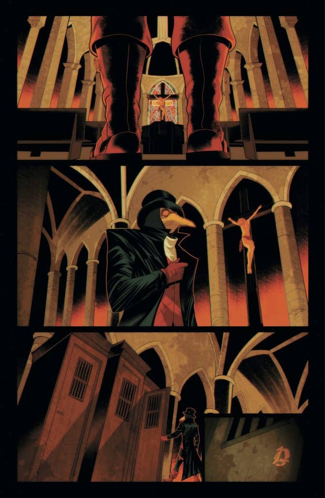 A dark, atmospheric comic panel showing a cloaked figure with a bird-like mask standing in a gothic setting, illuminated by an ominous light. The upper panel features the figure's boots and a stained glass crucifix in the background, while the middle panel displays a person hanging in the shadows. The lower panel shows the cloaked figure approaching two ominous doors.