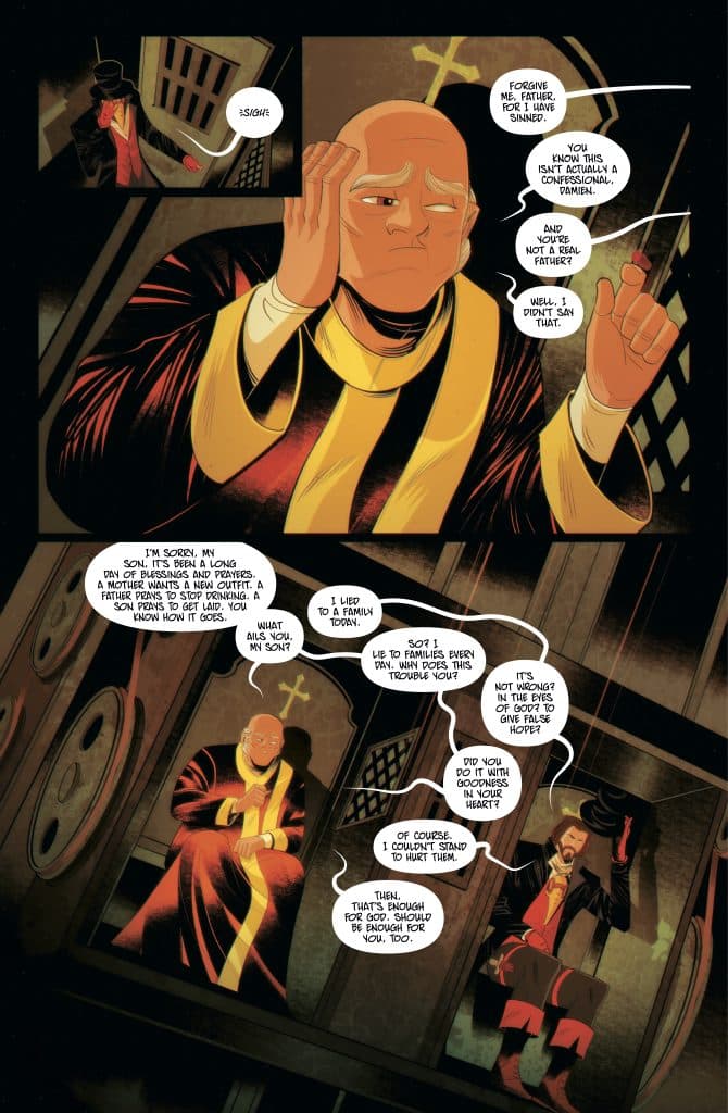A comic book panel featuring two characters: a bald man in a priest's robe and a man in a top hat, engaged in a dialogue. The priest looks concerned while the man appears casual, discussing themes of sin and honesty.