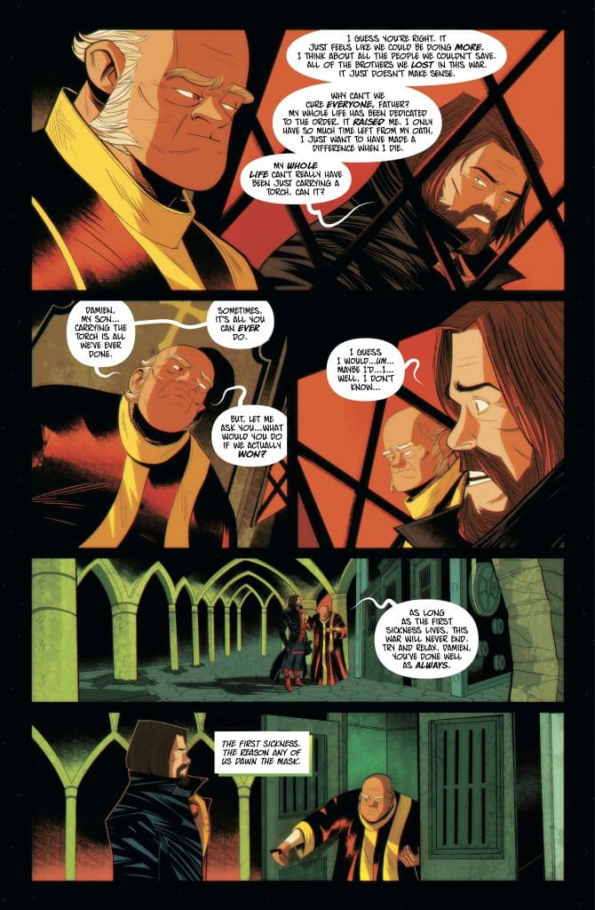 A comic book panel featuring two characters in a dialogue with expressions of concern and contemplation. The background shows an arched architectural style, hinting at a somber atmosphere. One character wears a dark cloak, while the other has a distinct yellow and red outfit.