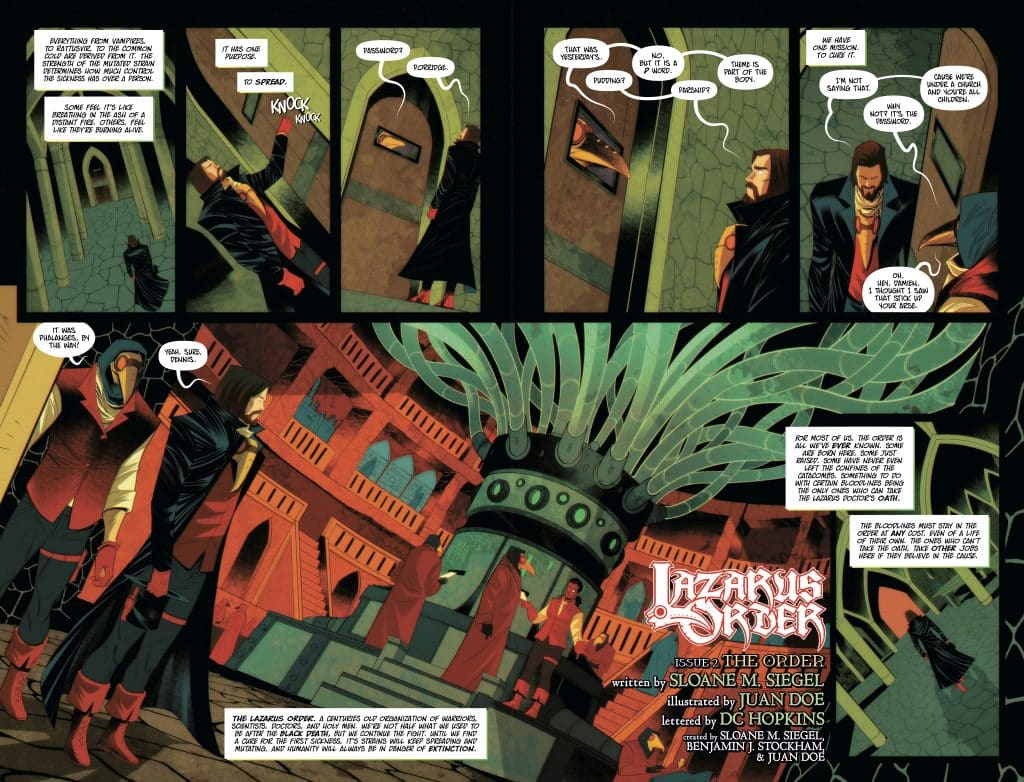 A comic book page featuring two characters in a dialogue about their mission, set in a dramatic, stylized environment with gothic architecture and abstract elements.