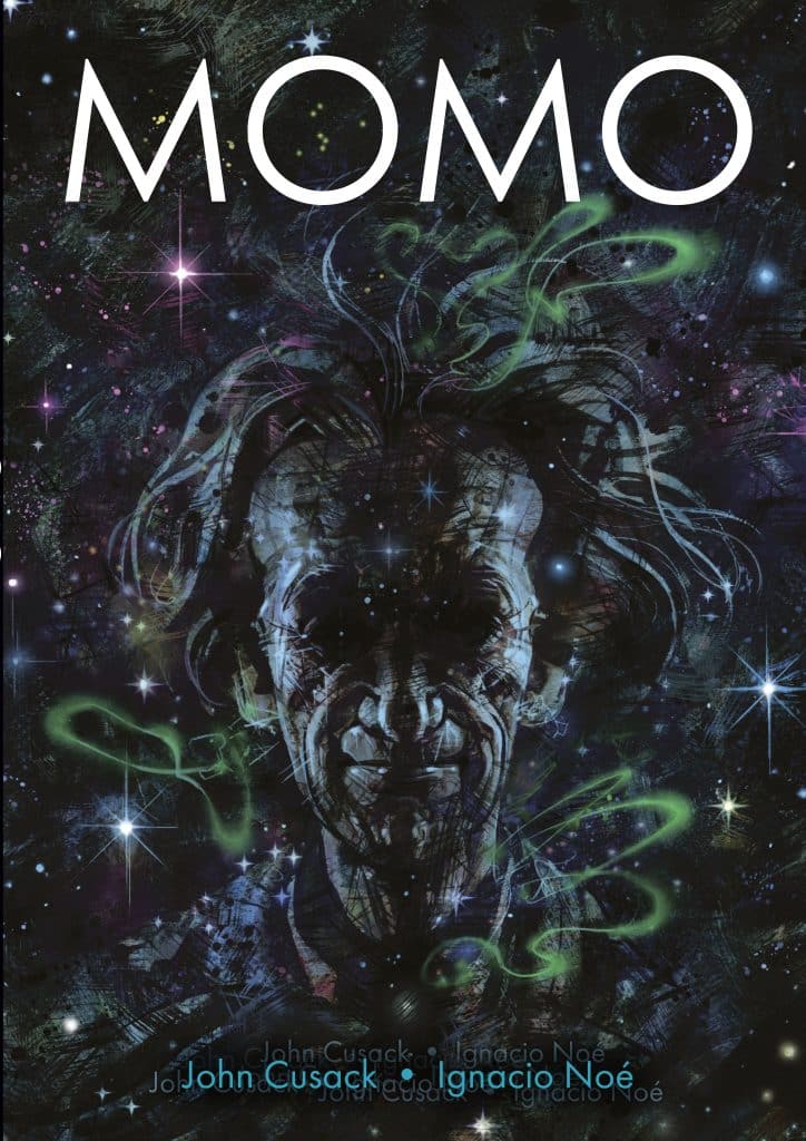 Artistic portrayal of a character with a cosmic background, featuring vibrant colors and abstract elements, with the title 'MOMO' prominently displayed.