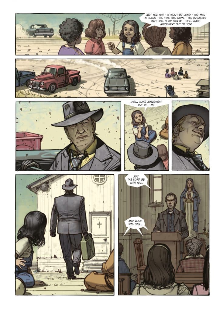 A comic page depicting a western scene with children discussing a mysterious figure known as the 'man in black.' The top panels show a red truck and the children's worried expressions, while the bottom features a man in a suit walking toward a church, accompanied by a woman looking on intently.