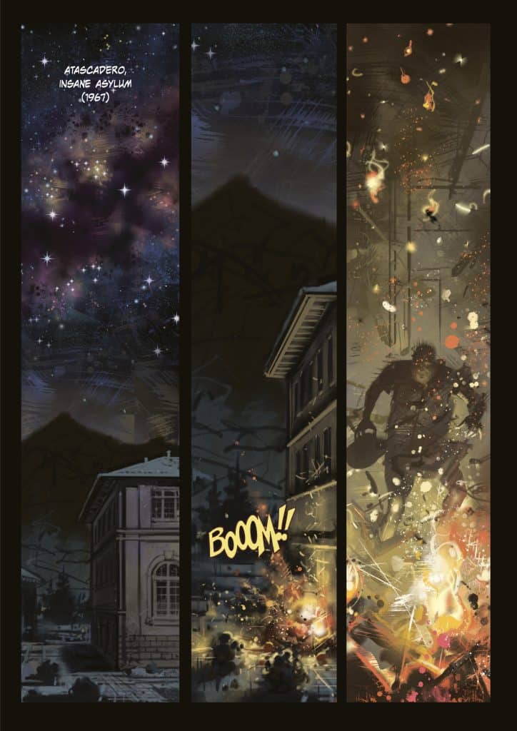 A three-panel comic depicting an explosion at an asylum, with a starry night background, a building silhouette, and chaotic fire and debris in the foreground.