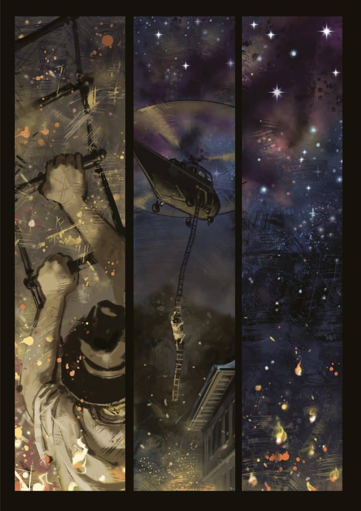 An illustrated triptych depicting a man climbing a structure on the left, a helicopter hovering above in the center, and a starry night sky on the right with cosmic elements.