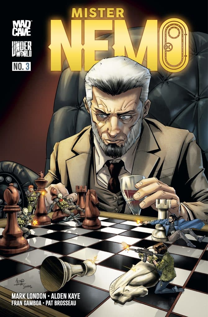 Cover of 'Mister Nemo' comic book issue number 3 featuring a man with gray hair and a serious expression sitting at a chessboard, surrounded by various chess pieces and characters engaged in combat.