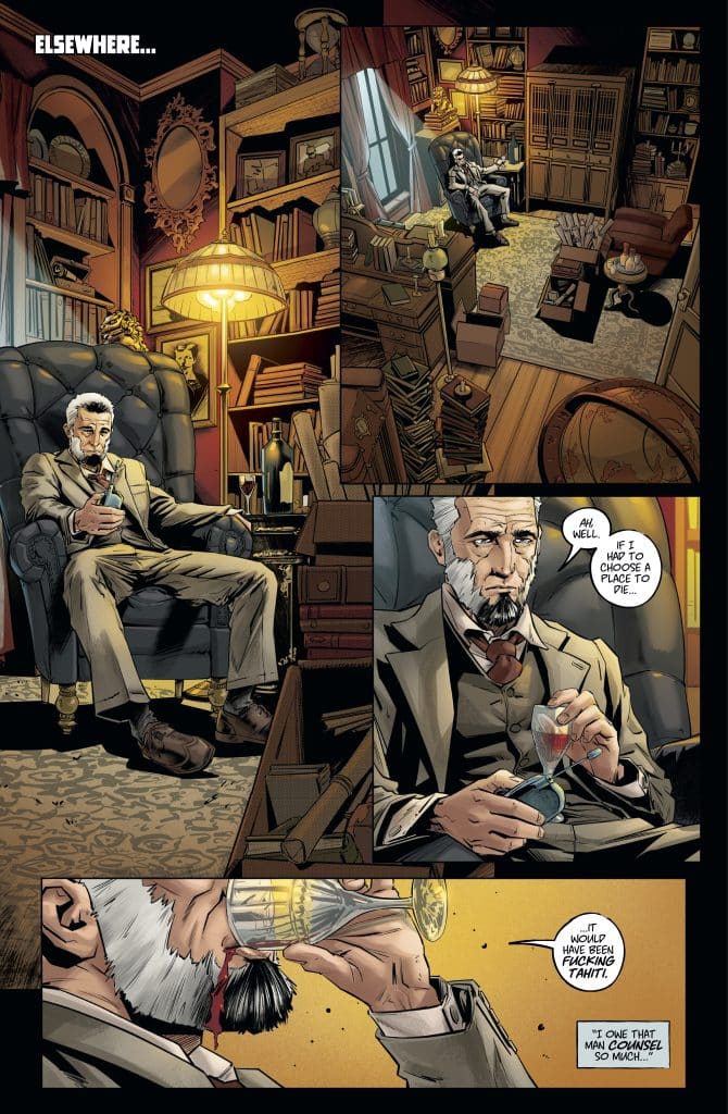 A comic book panel depicting an older man with a gray beard sitting in an armchair, holding a drink in a luxurious room filled with bookshelves, artwork, and vintage decor. The character appears contemplative with speech bubbles conveying dialogue about choosing a place to die.