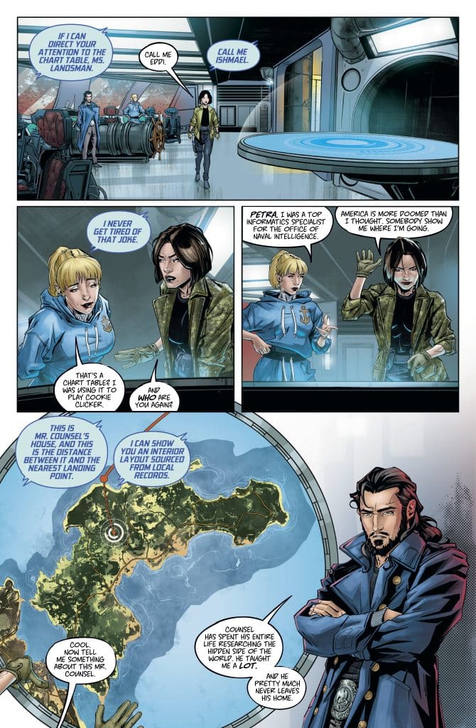 A comic book page featuring a dialogue between characters in a futuristic setting. One character is explaining a chart table while another is referencing their background as an informatics specialist. The page includes a detailed map of an island with a central point marked.