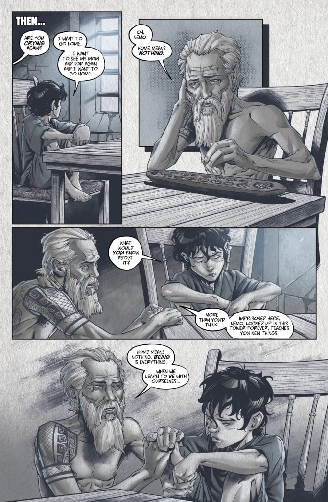 A black and white comic-style image featuring two characters, an elderly man and a young boy, sitting in a room. The elderly man, with long hair and a beard, appears thoughtful and somewhat sad, while the boy expresses a mix of emotions. Dialogue bubbles convey a conversation about the concept of home and belonging.