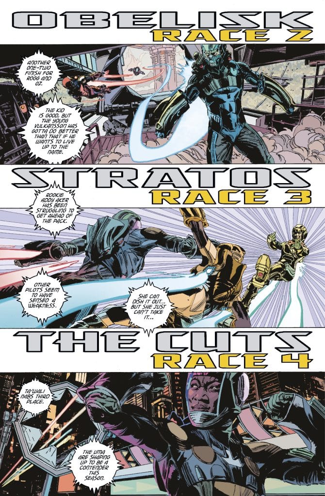 Comic panel featuring three races titled 'Obelisk Race 2', 'Stratos Race 3', and 'The Cuts Race 4'. Each panel depicts intense racing scenes with futuristic pilots and vehicles.
