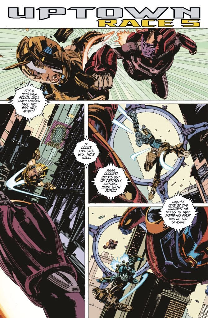 A comic book panel titled 'Uptown Race 5' showing two characters engaged in a fast-paced action scene, with one character dodging and another character in a suit making a dynamic move amid a futuristic cityscape.
