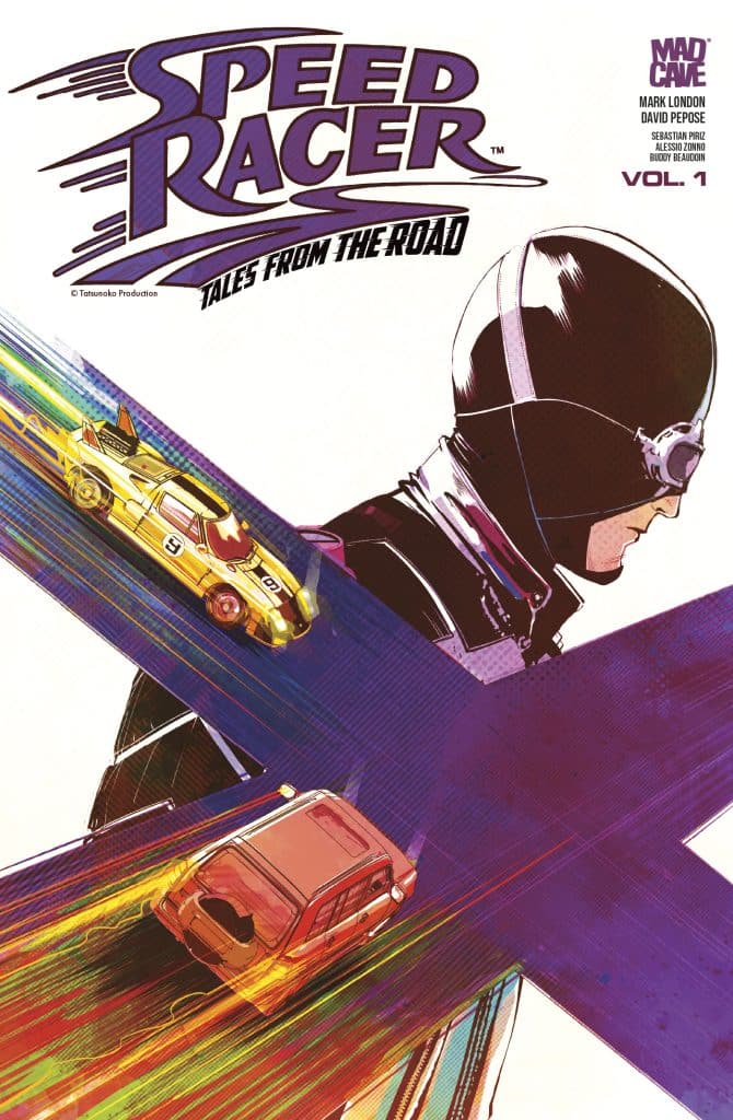 Cover art for 'Speed Racer: Tales from the Road Vol. 1' featuring Speed Racer in a racing helmet and two cars speeding down a colorful, abstract road intersecting with bold lines.