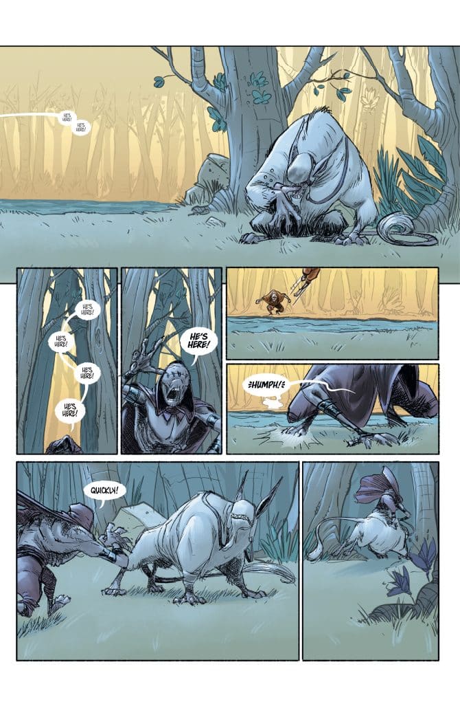 A comic panel depicting a large, monstrous creature in a forested setting, with characters observing it and displaying expressions of urgency and concern. One character is attempting to catch the creature while others react in surprise.