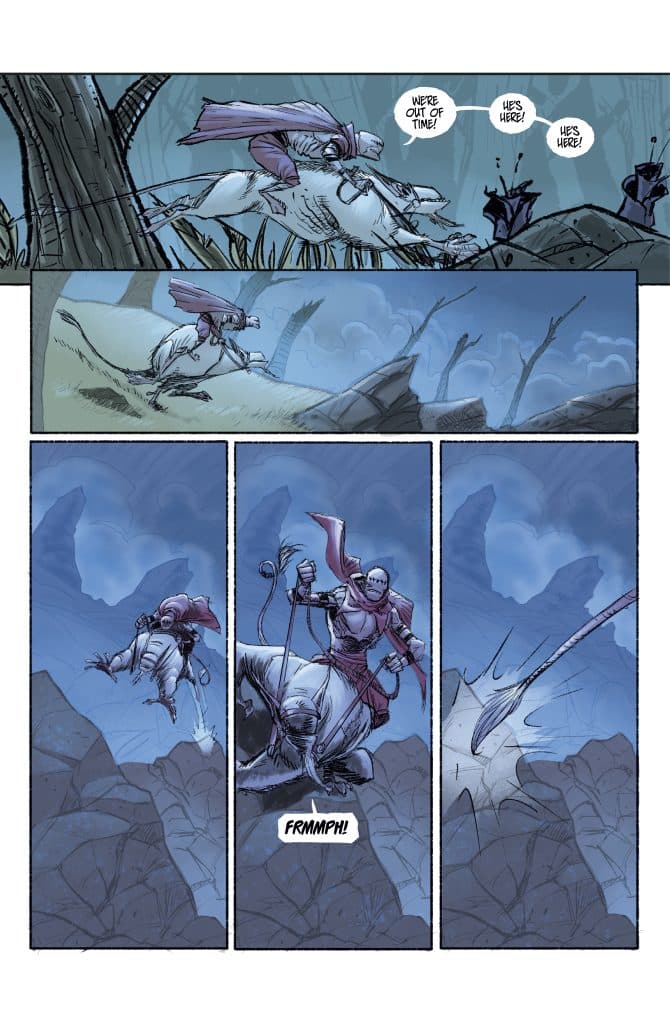 A comic panel depicting a character in a cloak riding a large creature, expressing urgency about being out of time. Other characters are seen in the background, appearing startled or alarmed. The setting is an otherworldly landscape with sparse trees and rocky terrain.