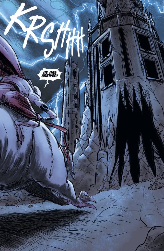 A large, menacing creature with a white body stands in a dark, desolate landscape. In the background, shadowy towers loom under a stormy sky, with lightning striking. A speech bubble exclaims, 'He has arrived!'