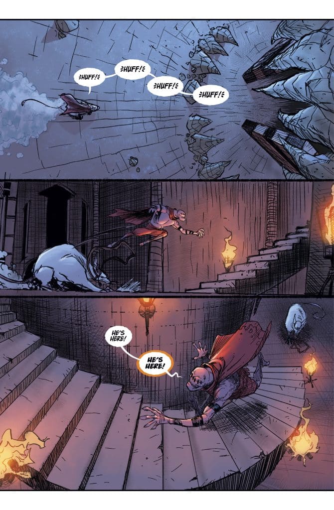 A comic panel depicting a character in a cloak descending a spiral staircase, looking alarmed while shouting 'He's here!' The scene is dimly lit by torches, and a white mouse is seen nearby. The upper panel shows snowfall and a distant large figure.