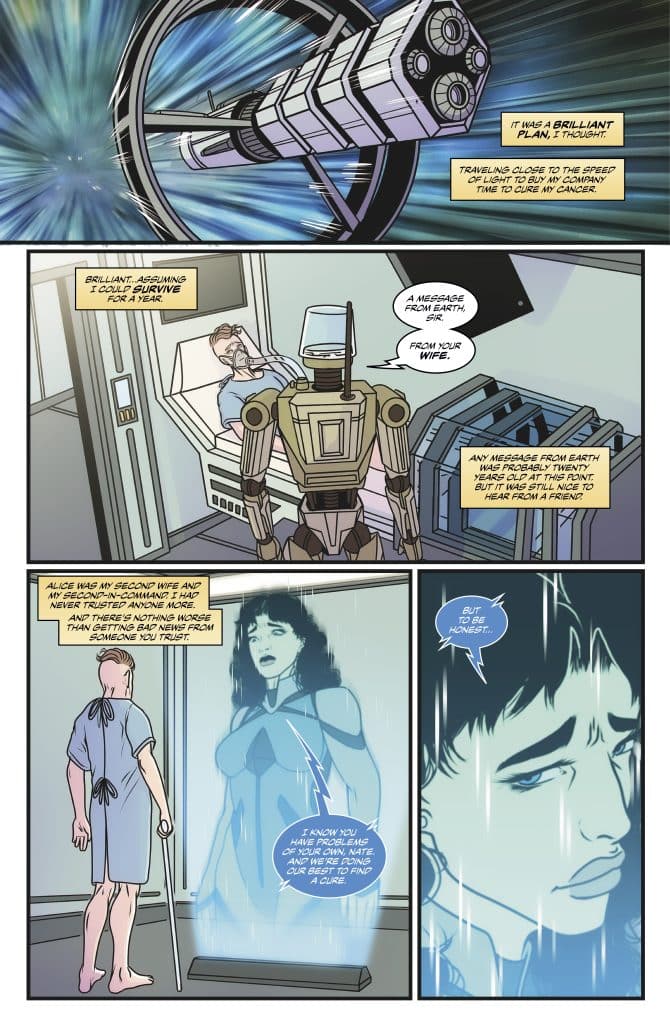 A comic book panel depicting a male character in a hospital bed receiving a message from his wife through a holographic screen, while a robot stands nearby.