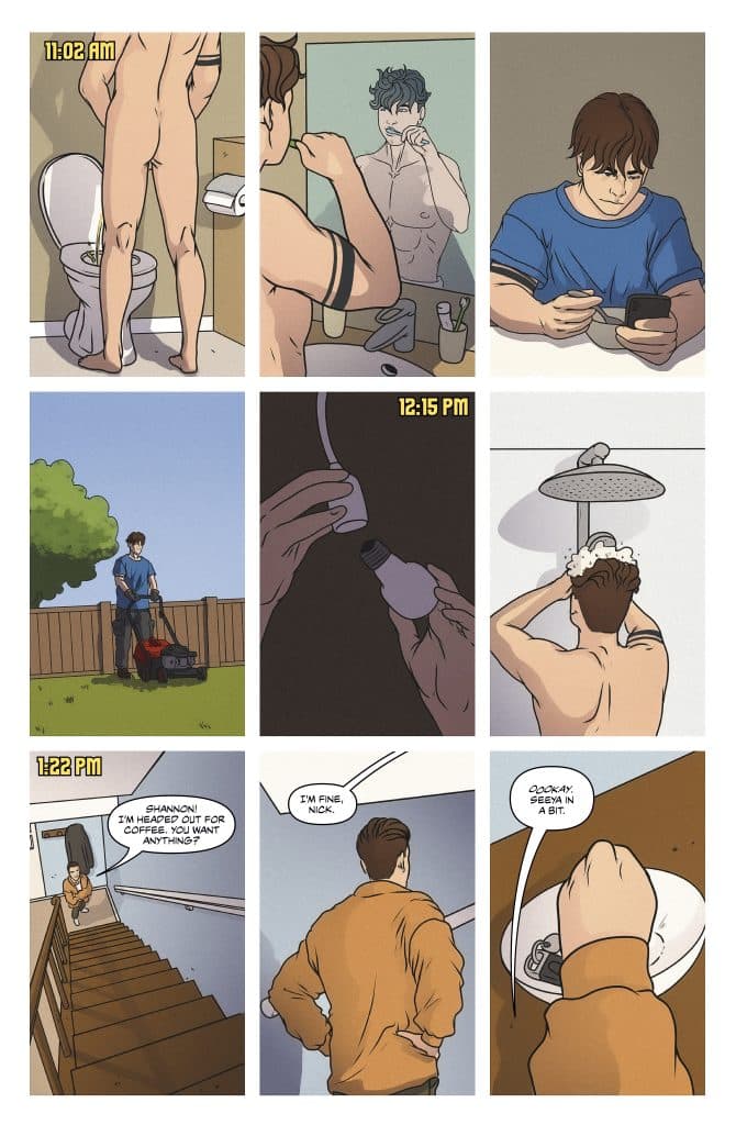 A comic strip depicting various moments of a man's day, including bathroom scenes, grooming, and interactions with a friend. The panels show timestamps indicating the time of day, with elements like a toilet, mirror, and phone present.