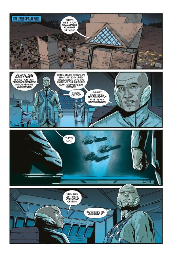 A comic page featuring characters in a sci-fi command center discussing a potential threat from a squadron of ships, with visual elements including futuristic command consoles and spaceships.