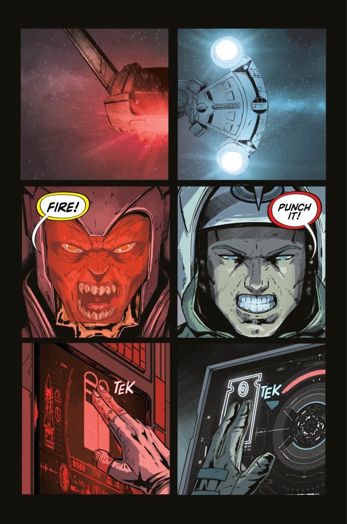 A comic panel featuring a space battle scene with a spaceship in the background, red lasers firing, and characters expressing urgency with speech bubbles saying 'FIRE!' and 'PUNCH IT!'