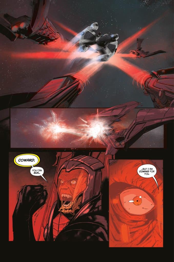 A spaceship fleeing while being pursued by robotic arms, set against a starry background. One character yells 'Coward' with a furious expression, while another ominous figure responds, '...But I am coming for you.'