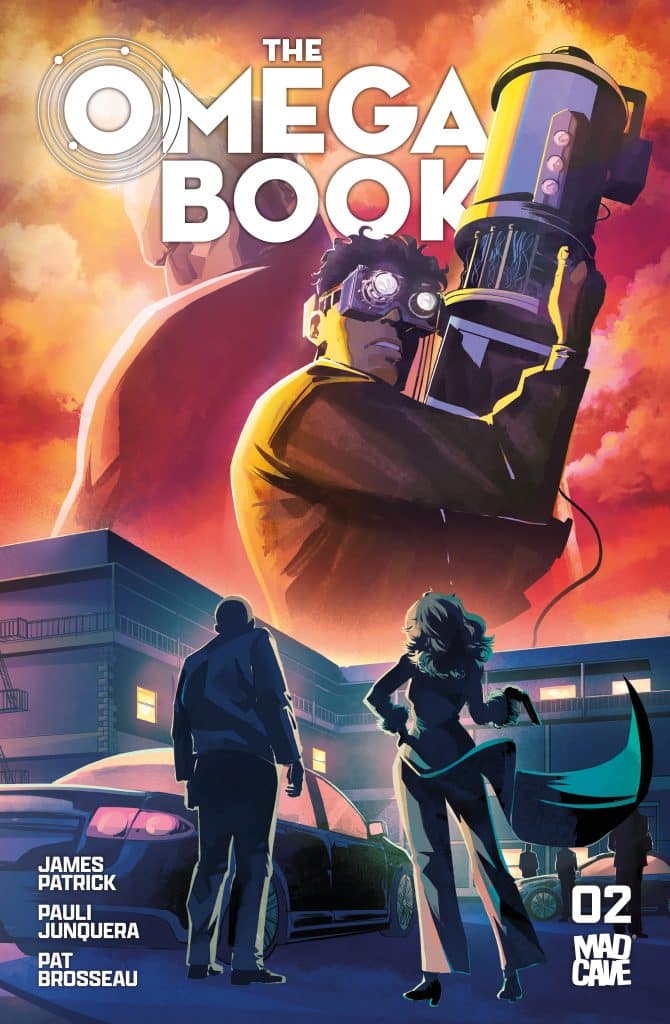 Cover art for 'The Omega Book' featuring a man in goggles holding a futuristic device, a woman in a stylish outfit, and a mysterious figure in the background, set against a vibrant, dramatic sky.