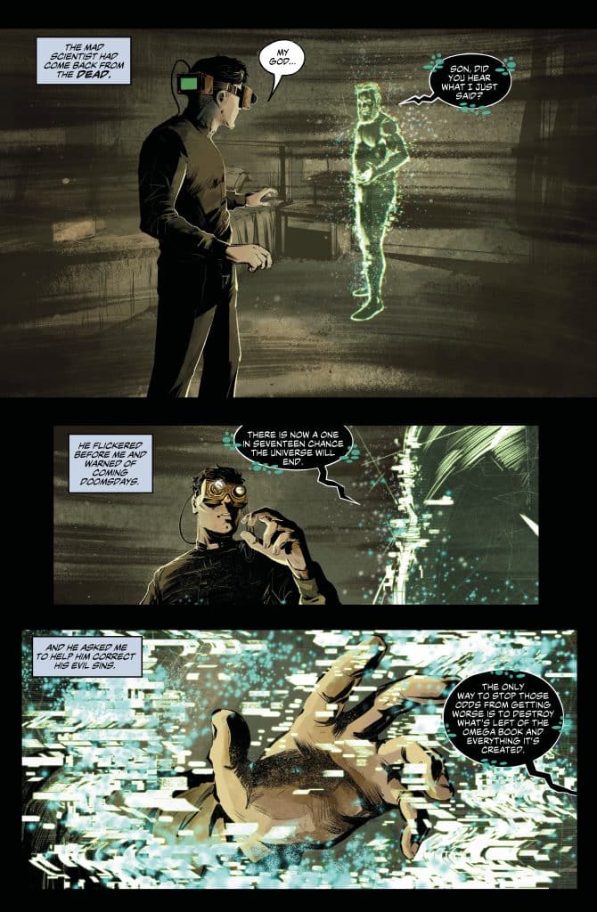 A character wearing futuristic goggles stands in a dark room, interacting with a holographic figure. The hologram appears to be a reanimated version of a map scientist, and dialogue reflects their intense conversation about the dangers of the universe and a need to correct past mistakes.