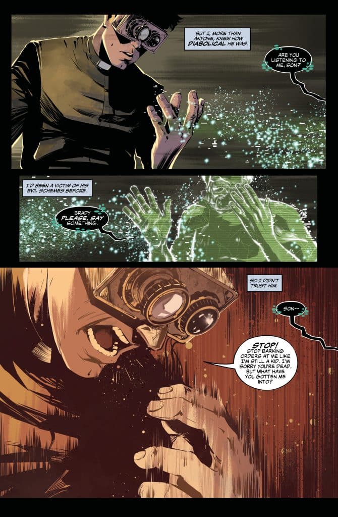 A comic panel depicting a man in a priest's outfit with goggles, expressing concern and gesturing with his hands amidst a shimmering background. Another character, possibly a ghost or hologram, is ghostly with outstretched hands, showing urgency in their dialogue.