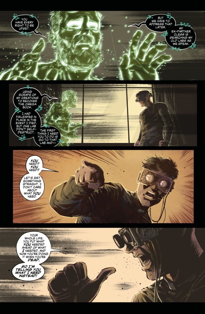 A comic page featuring two characters engaged in a tense dialogue, one appearing as a holographic figure and the other as a man wearing goggles, expressing frustration and urgency.