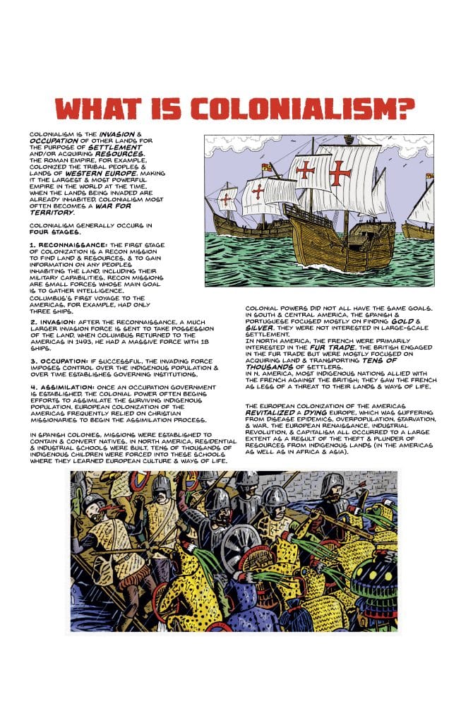 An educational infographic titled 'What is Colonialism?' explaining the stages and implications of colonialism, featuring historical imagery of ships and indigenous peoples.