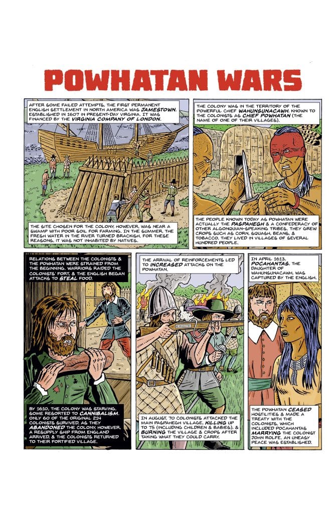 Comic strip illustrating the Powhatan Wars, depicting early English settlers in Jamestown and their interactions with the Powhatan tribe, including conflict and survival struggles.