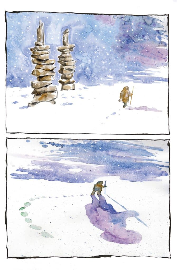 A snowy landscape featuring two stone cairns on the left side, with a figure walking towards them, holding a stick. The sky is filled with soft shades of blue and purple with falling snowflakes.