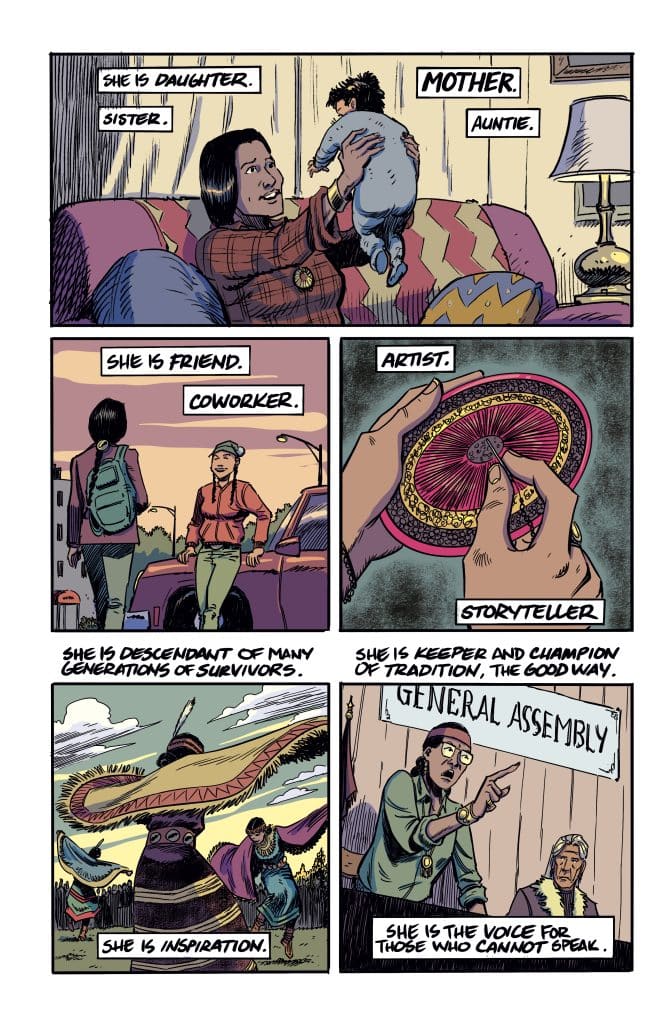 A comic panel featuring a woman interacting with a child, emphasizing her various roles such as daughter, mother, and aunt.