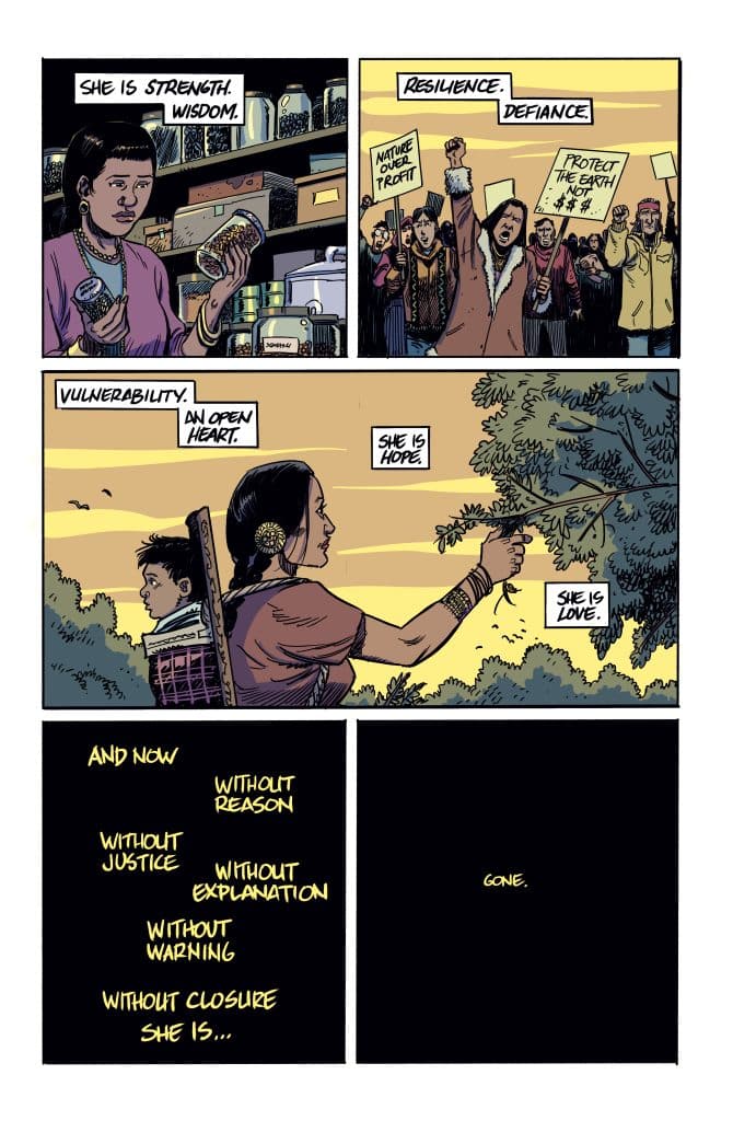 A comic panel featuring a woman holding jars in a shop, with phrases highlighting strength, resilience, and vulnerability, alongside a protest scene advocating for environmental protection.
