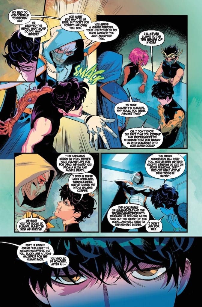 Comic panel featuring a dialogue scene between characters in a tense confrontation. One character is wearing a hood and a mask, while another has short, tousled hair and looks distressed. Elements of action and emotion are depicted, with dynamic poses and expressions.