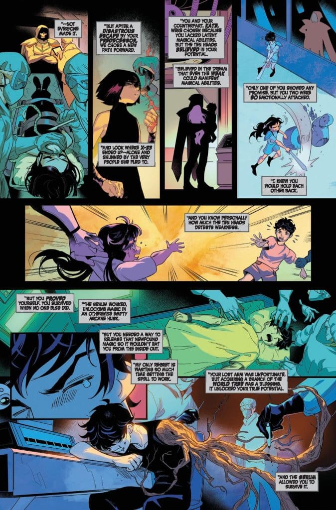 A comic book page showing a conversation among characters with various magical abilities, featuring action scenes and emotional expressions.