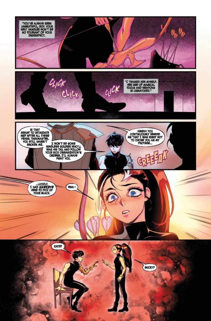 A comic book page featuring two characters engaged in a tense conversation, with one using arrows and a bow in the background. The character in the foreground expresses surprise and confusion, while another character sits calmly, suggesting a mentor-protégé dynamic.