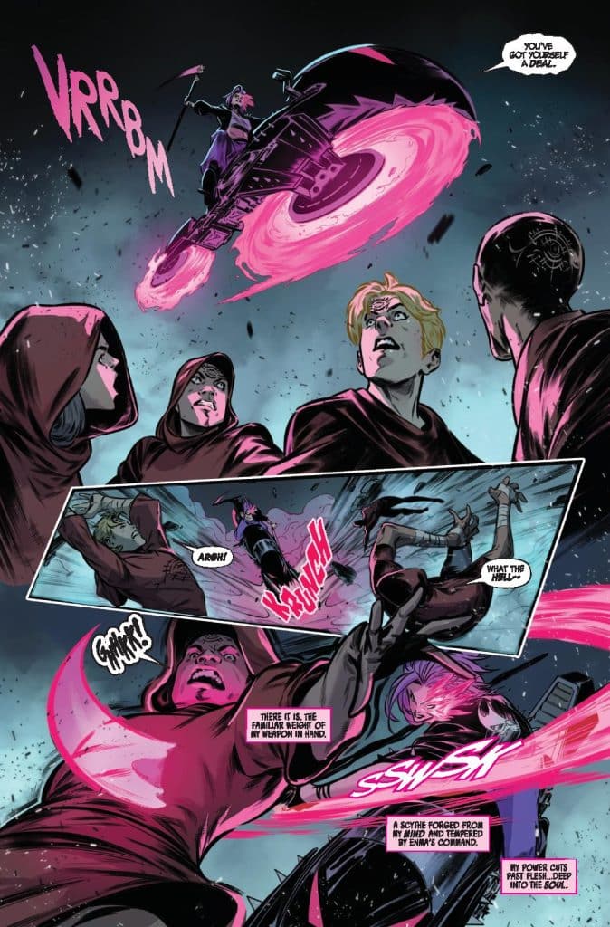 A dynamic comic panel featuring a character on a futuristic motorcycle with spinning wheels emitting pink energy. The character, dressed in dark clothing, is wielding a weapon while several onlookers react with surprise and awe.